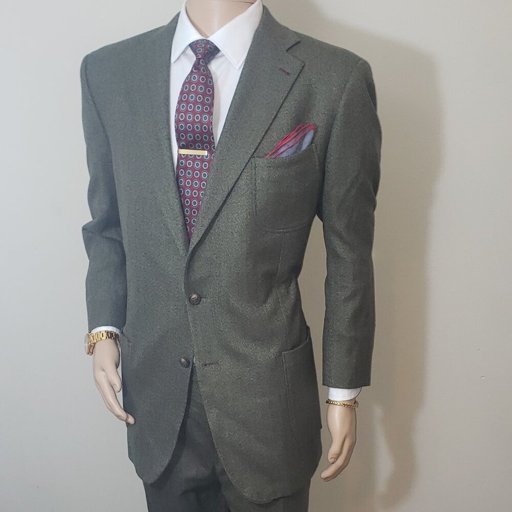 Vintage Elegance: Indochino Dark Green Herringbone Wool Suit - Perfect for Every
